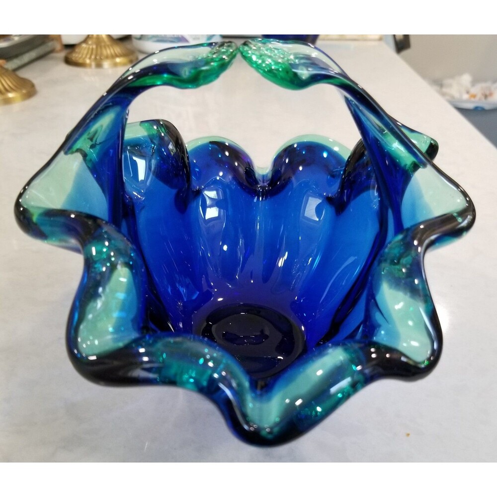 White Cristal blue Murano glass basket bowl with blue green edge vintage - Picture 5 of 9